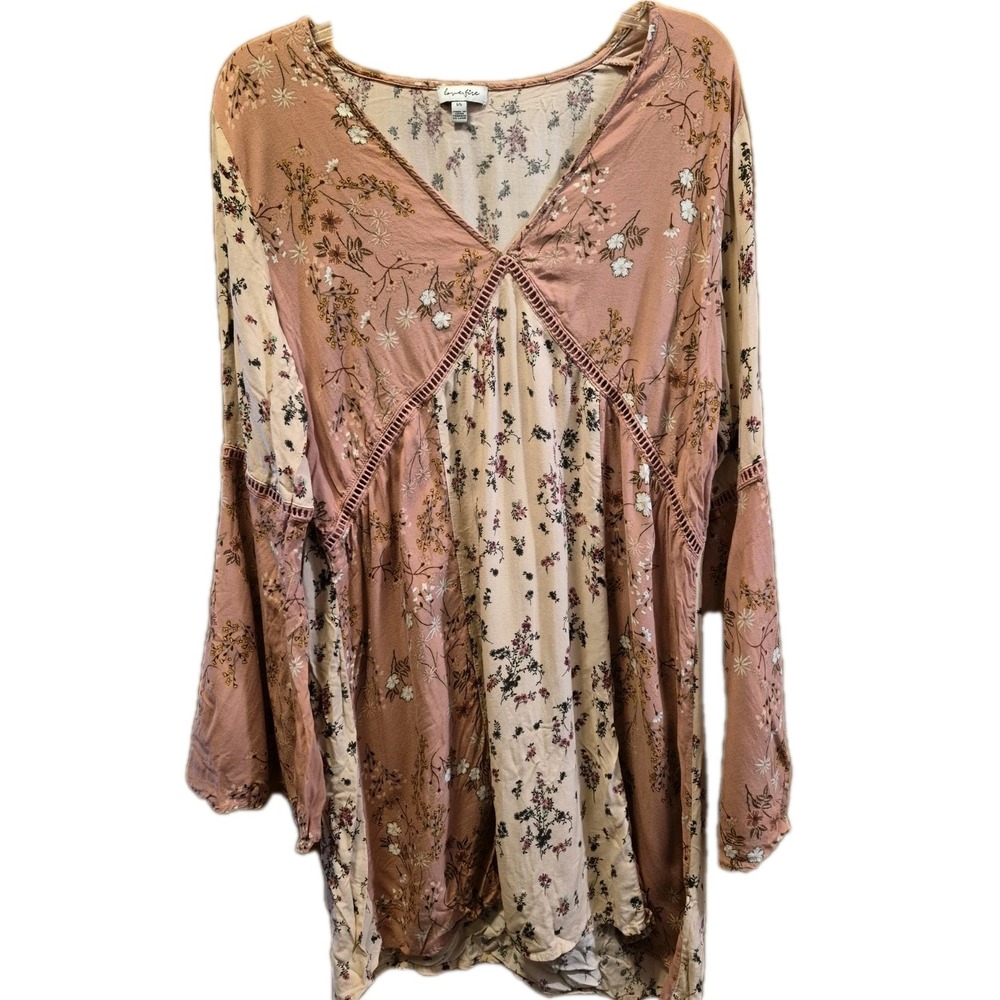 Love Fire Womens Pink Floral V-Neck Bell Sleeve Tunic Top MFOW7694 Large